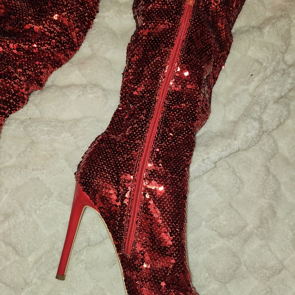 Red Sequin Women's Thigh High Boots - Picture 3 of 9